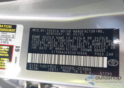 2025 Toyota Camry Xse/Xle/Le/Se from USA, damaged, VIN 4T1DAACK8SU616666